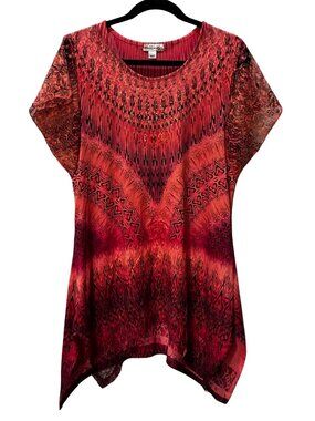 World Unity Burgundy Abstract Embellished Tunic Top Boho Y2K Handkerchief Hem L